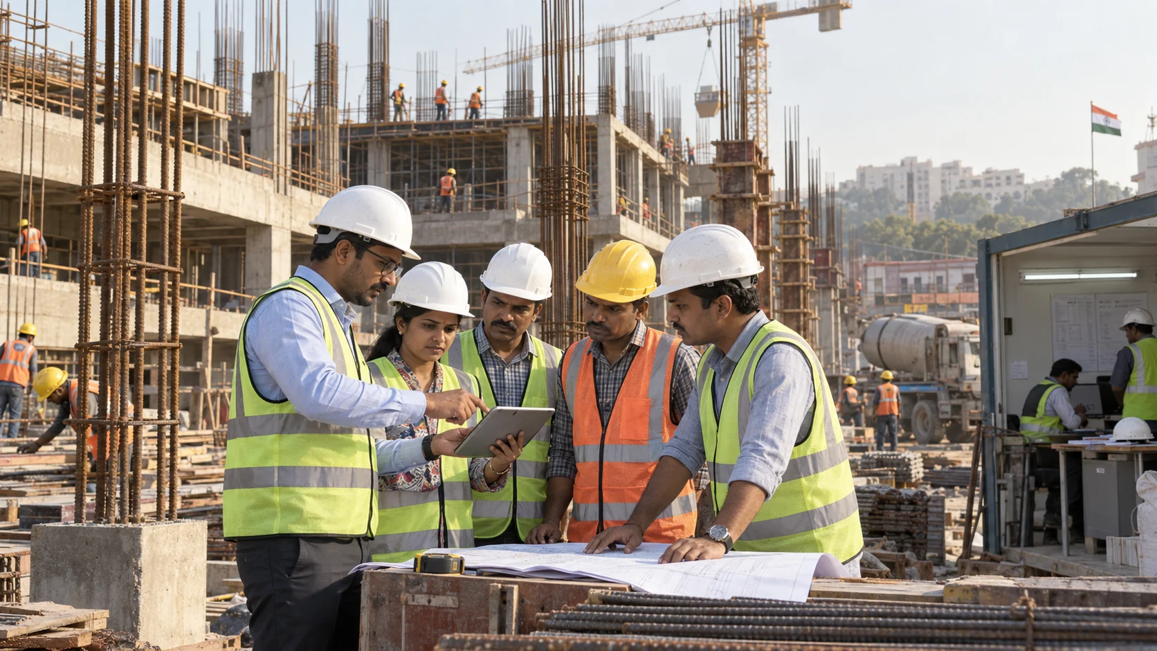 Indian project managers and site engineers coordinating plans, costs and procurement on an active building project.