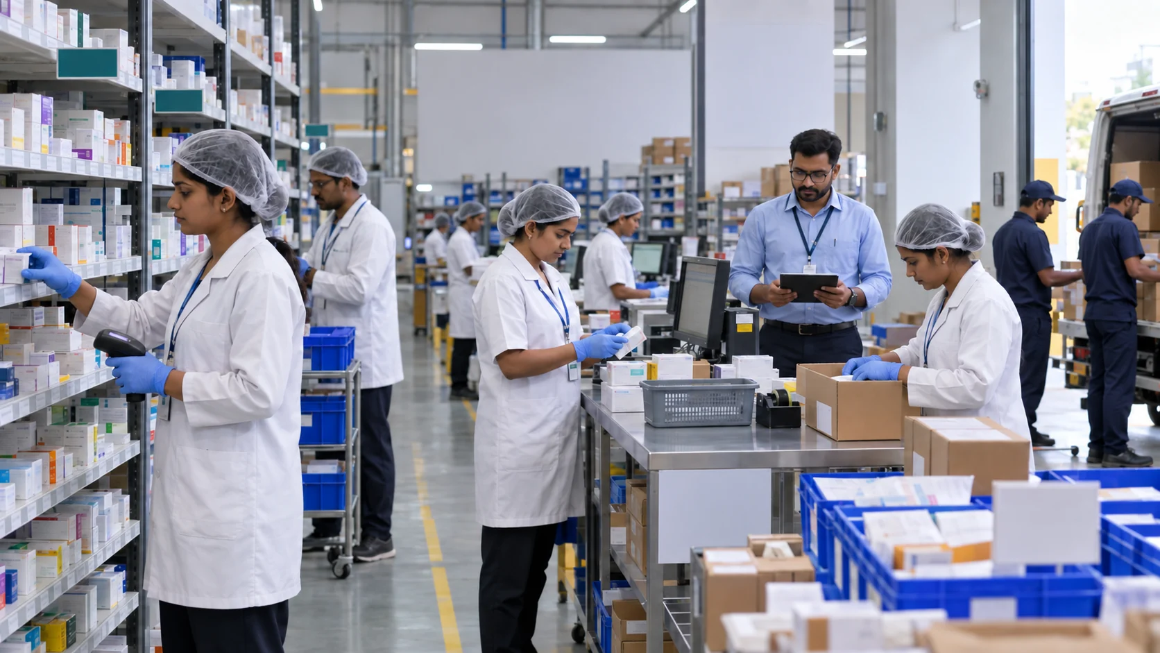 Indian pharmacists and fulfilment associates picking, checking, packing and dispatching online medicine orders.