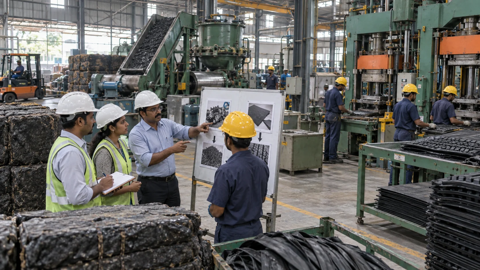 Indian rubber-manufacturing supervisors and shop-floor operators reviewing material flow between reclaim processing, compounding and tread moulding.