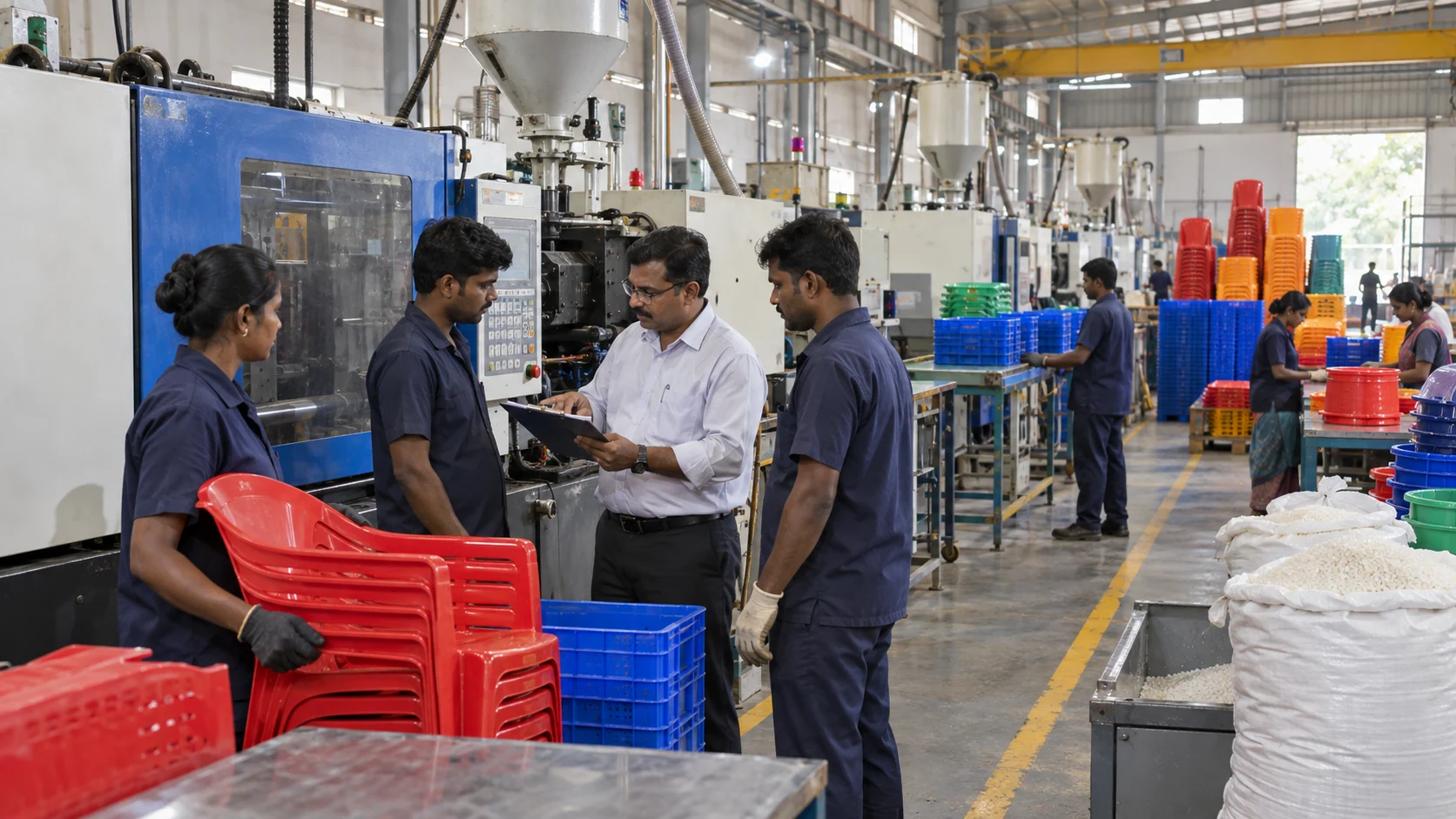 Indian production leaders and operators reviewing lean flow beside injection-moulding cells producing furniture, crates and pails.