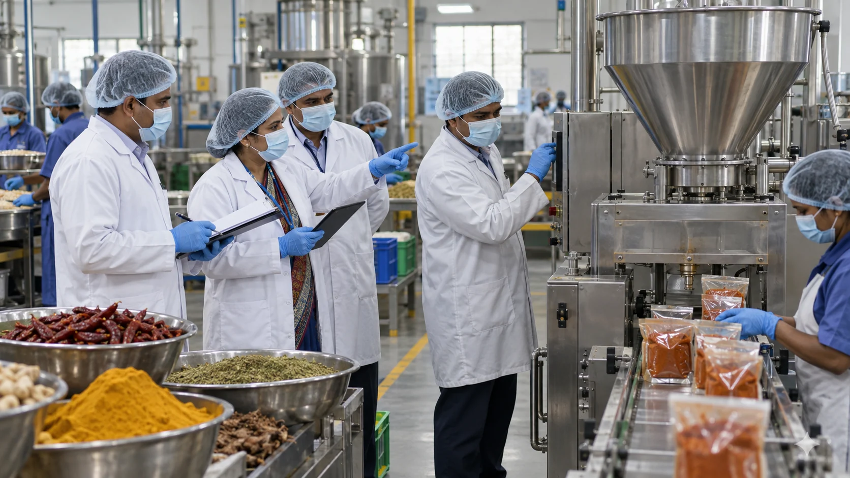 Indian food-safety and quality teams inspecting hygiene and process controls on a spice and ingredients packing line.