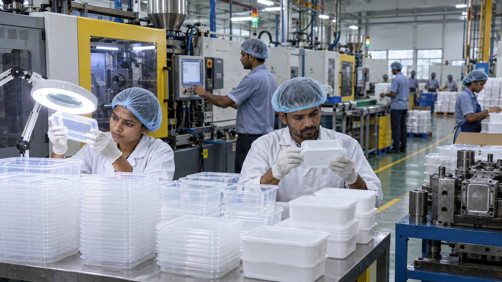 Indian quality engineers inspecting food-grade plastic containers beside clean injection-moulding and packing operations.