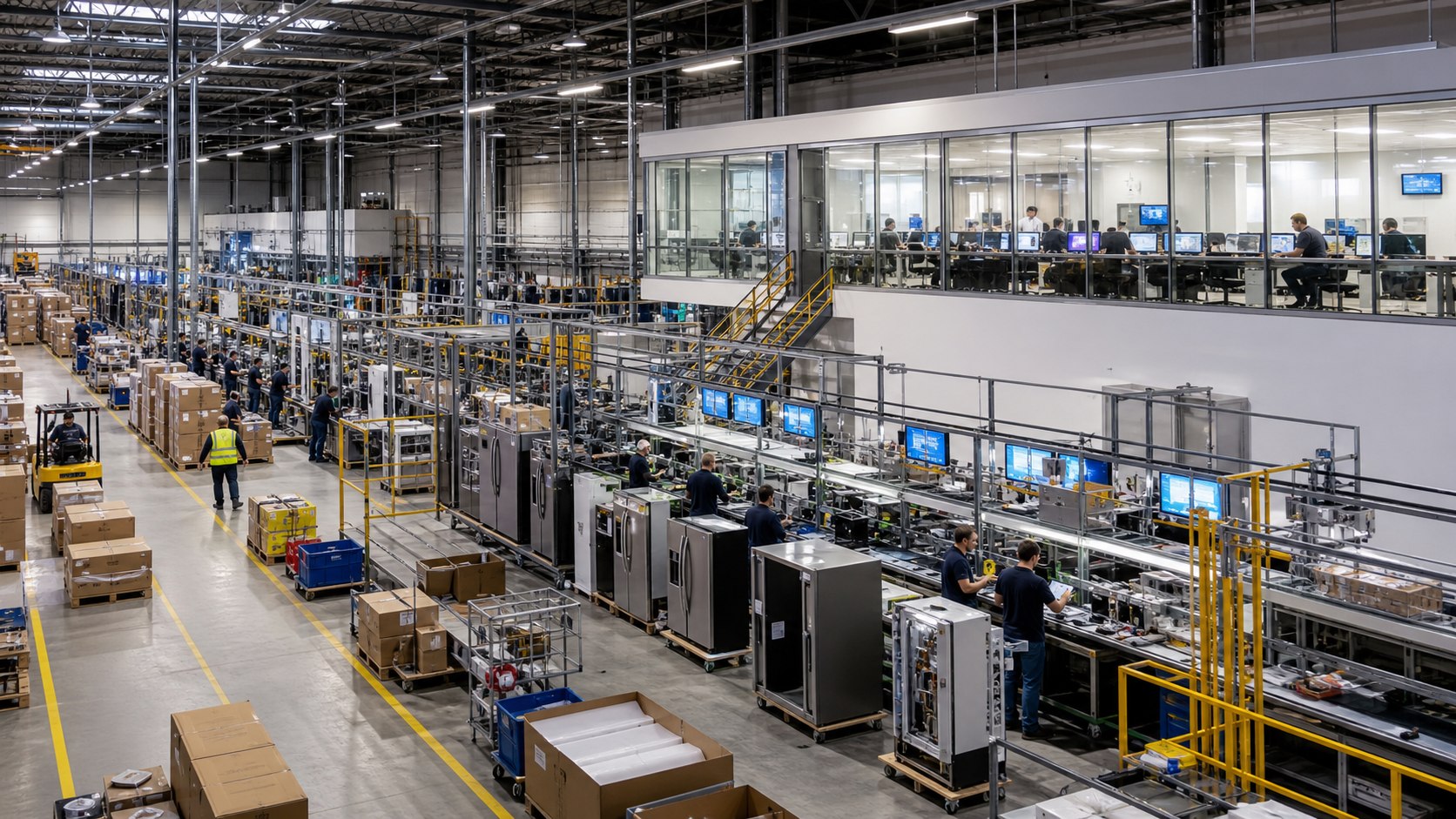 Wide view across an electrical and consumer-durables assembly plant with production lines and a control area.