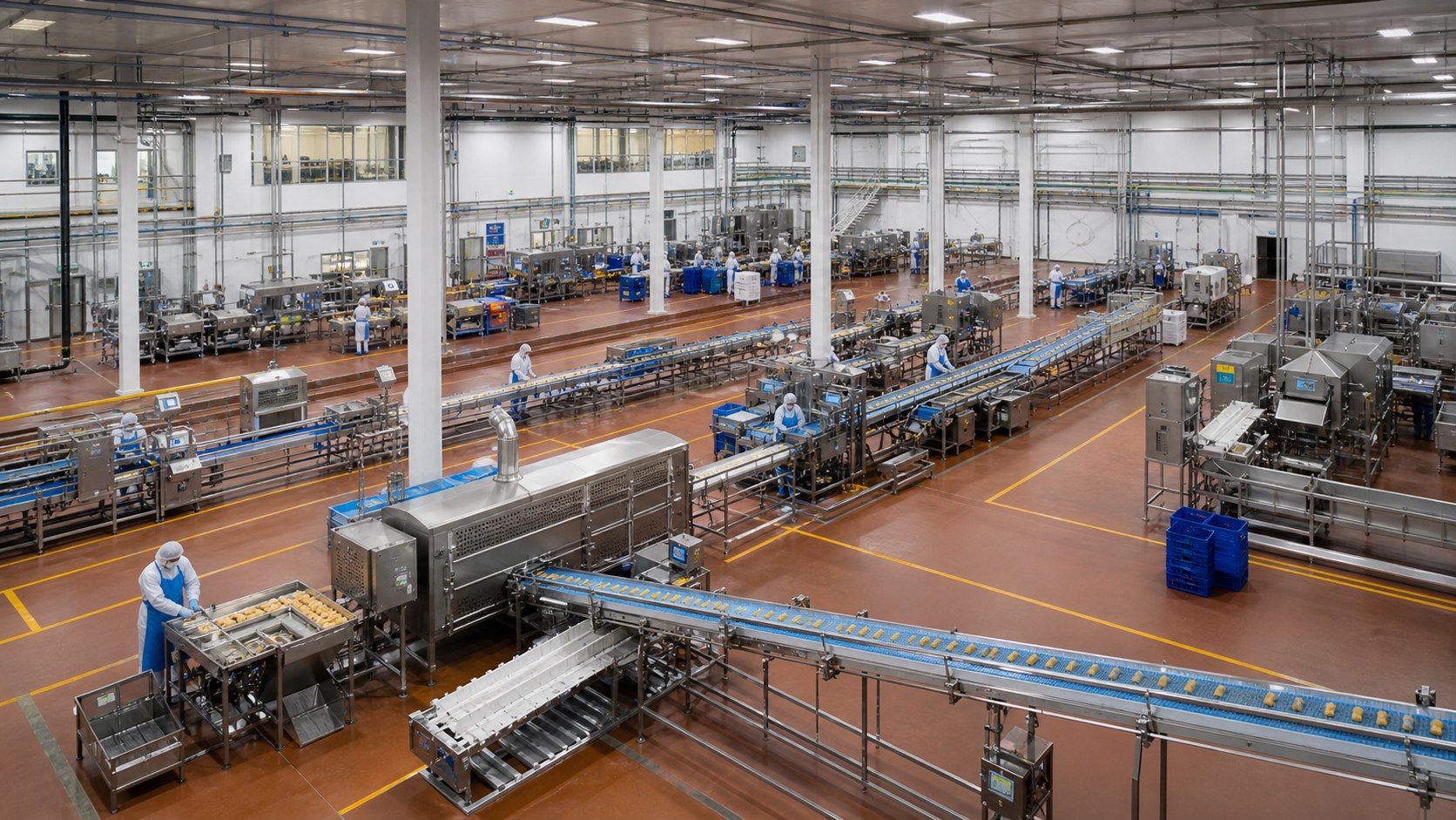 Wide view across a hygienic food-processing factory with preparation, processing and packing zones.