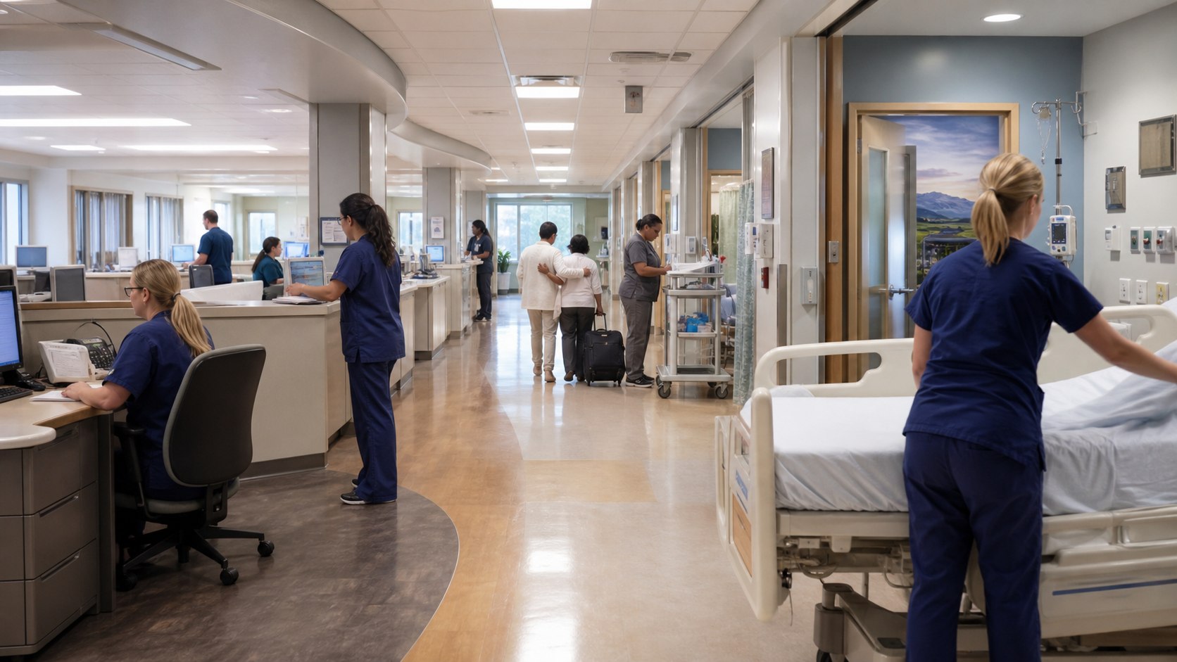 Wide view across an inpatient hospital floor showing nursing, discharge and bed-turnaround activity.
