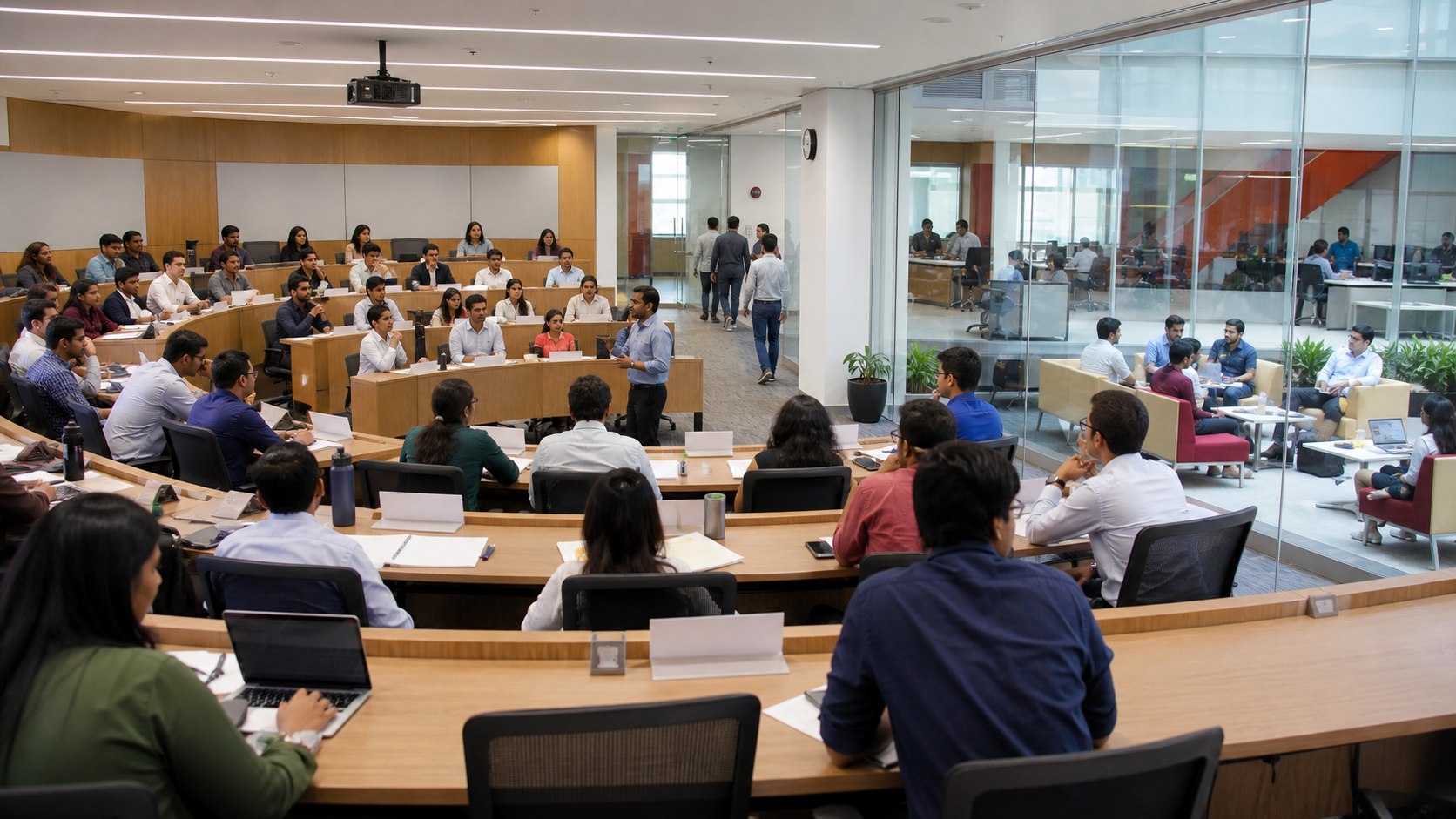 Wide view across a management institute with a live case discussion and adjacent collaborative learning areas.