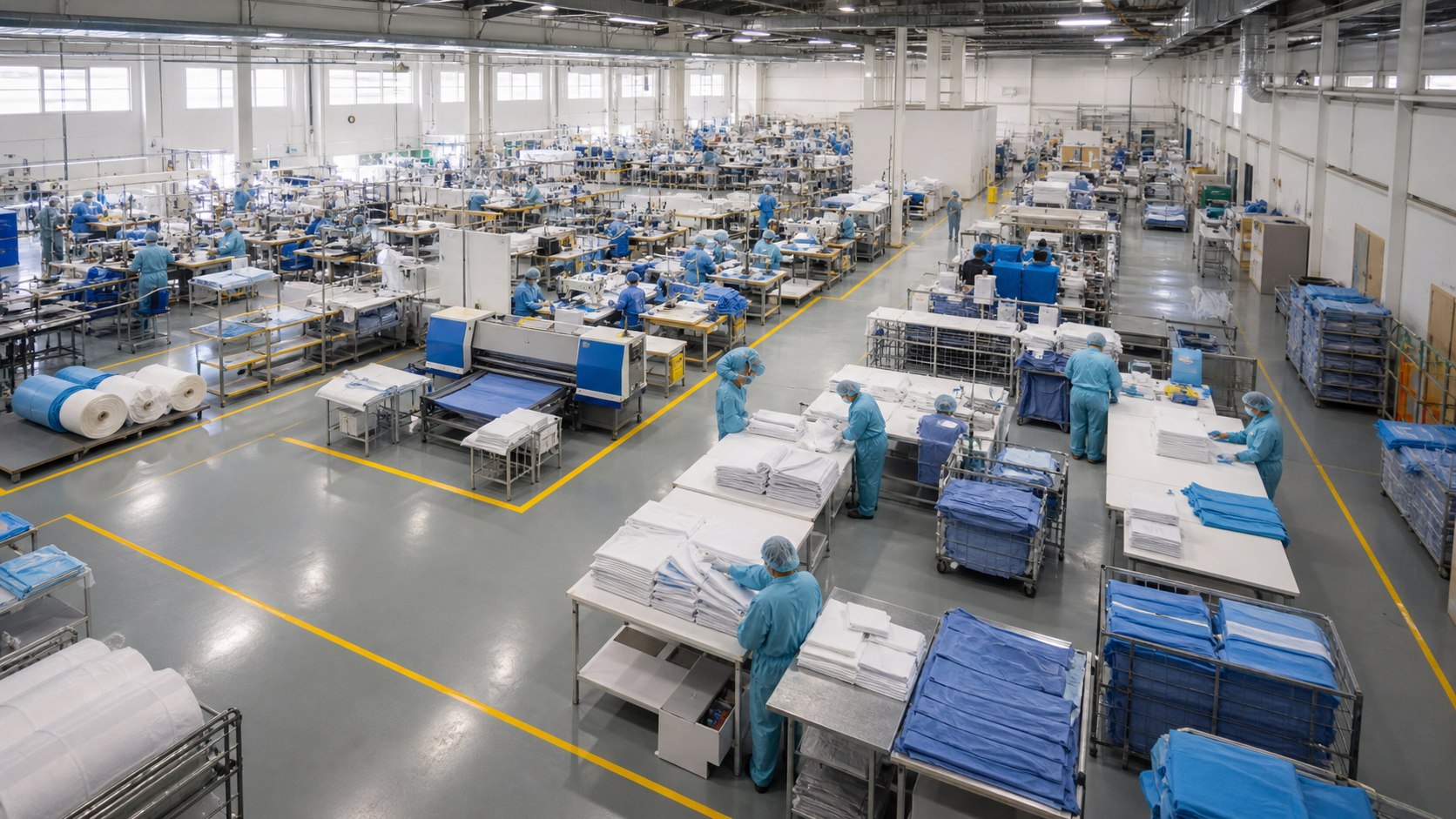 Wide view across a medical-textiles factory with preparation, sewing, inspection and packing zones.