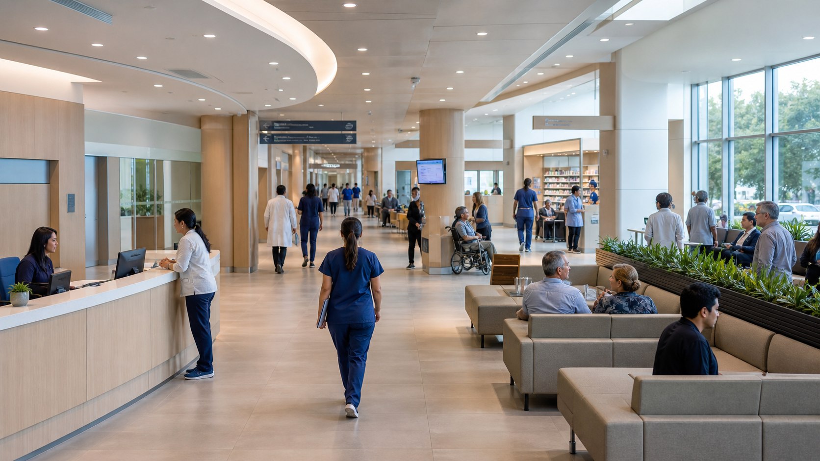 Wide view across a multi-speciality outpatient department with reception, waiting and consultation areas.