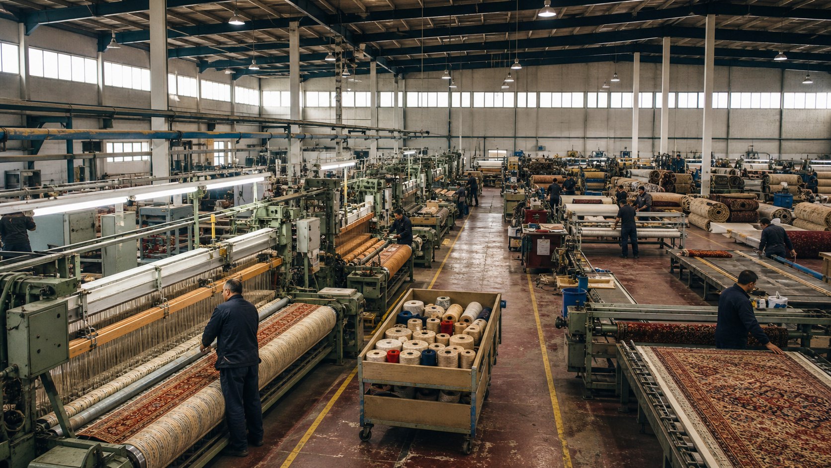 Wide view across a rug and carpet factory with looms, finishing stations, workers and carpet rolls.