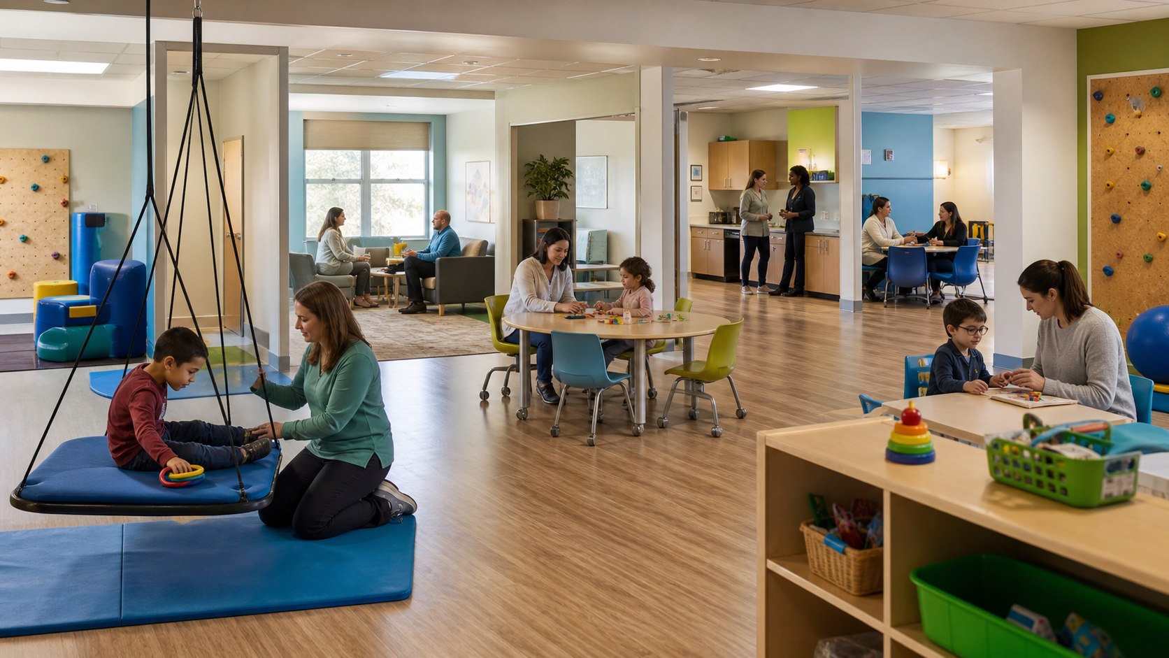 Wide view across a special-education and therapy centre with several connected service and activity zones.