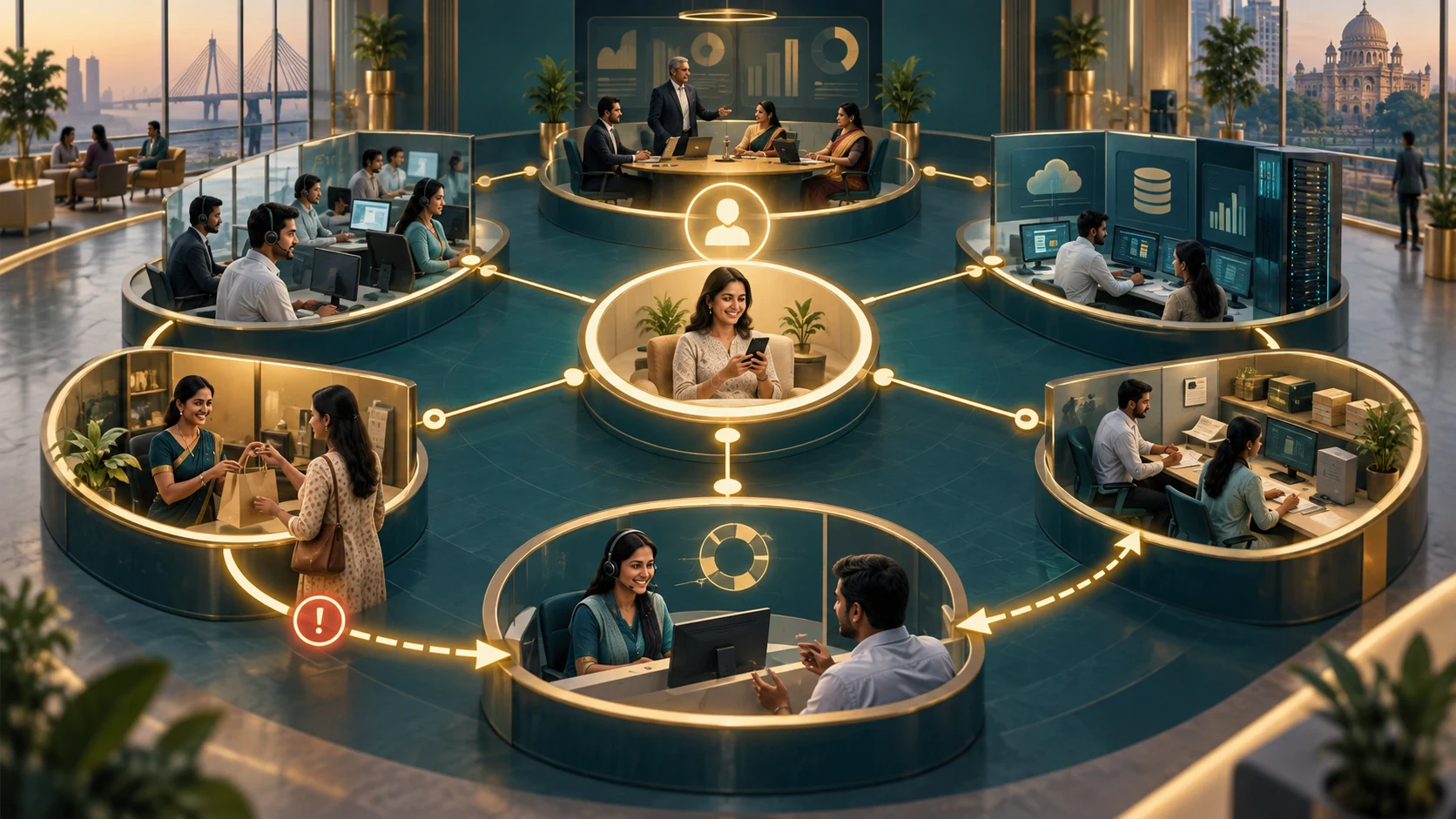 Editorial visual of an Indian customer at the centre of a connected service operating model spanning frontline, operations, data, technology and governance.