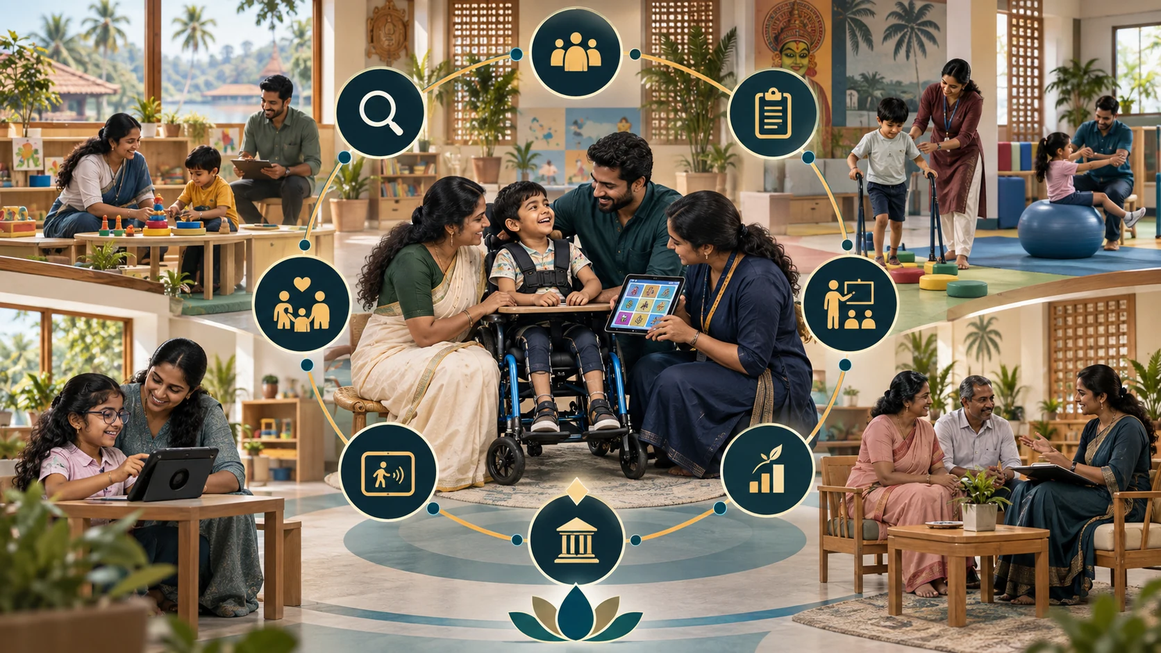 Editorial visual of Indian children, family members, educators and therapists connected through an inclusive learning and therapy operating model in Kerala.